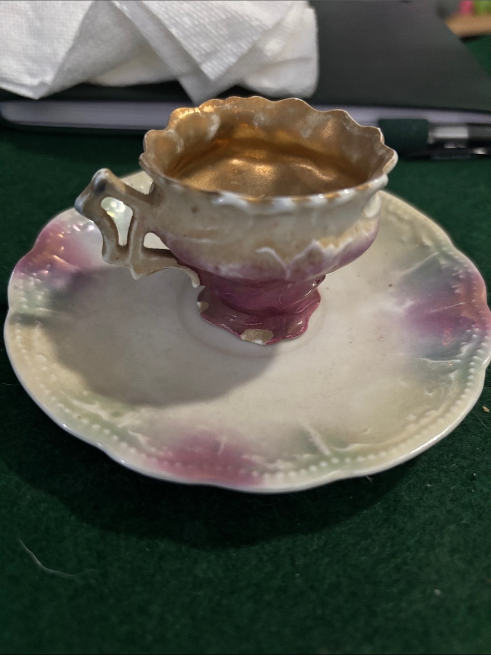 Vintage Hand Painted Porcelain Demitasse or Miniature Tea Cup & Saucer Set